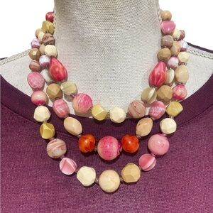 Vtg 60’s Hattie Carnegie 3 strand pink & beige multiple shape beads necklace